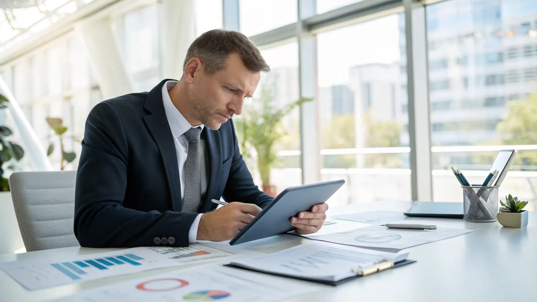 A consultant working closely with a business owner, reviewing data and discussing strategies in a modern office setting.