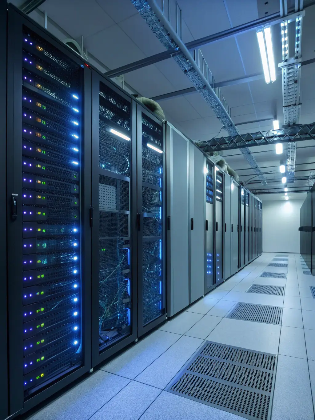 A brightly lit server room filled with blinking lights and neatly arranged racks, symbolizing advanced automation infrastructure.